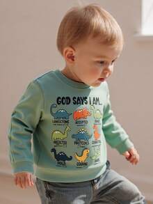 Sudadera de otoño para niño pequeño con estampado de dinosaurio y letras, manga larga, cuello redondo, blusa holgada - Verde - Ver 8