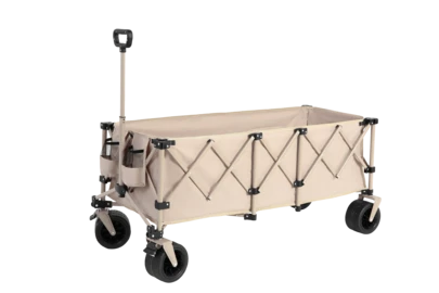 Hopfällbar förlängd vagn med 90 kg viktkapacitet, kraftig hopfällbar trädgårdsvagn på 300 liter med stora terränghjul för stranden och dryckeshållare. Beige