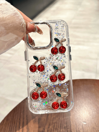 New Luxurious Sparkling Diamond 3D Cherry Compatible With Apple 17pro Phone Case, Transparent Apple 15promax Phone Case 16 Glitter 14 Female 13