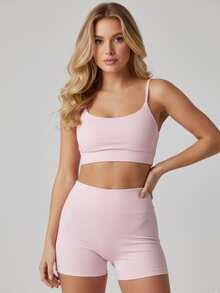 Women's Polyamide Cross Fit Gym Top And Short Set Fixed Modeling Does Not Rise High Elasticity Zero Transparency Gym Training Running Exercises - Rosa bebé - Ver 1