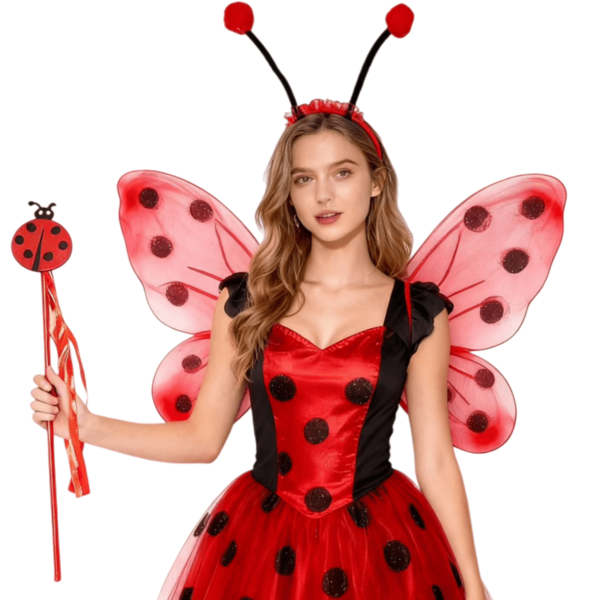 3 Stücke/Marienkäfer Flügel Kostüm Set - Rot und Schwarz gepunktet Design, mit schwarzen Antennen und roten Quasten, perfekt für alle Arten von Karnevals-, Weihnachts- und Themenfeiern.