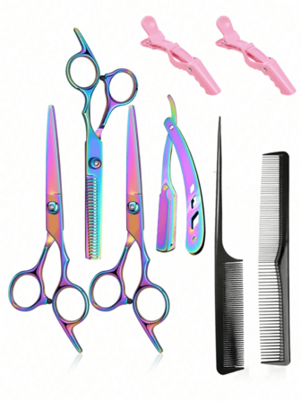 8件套专业美发剪刀套装，包括直剪和打薄剪，不锈钢折叠式剃刀理发器，适用于家庭沙龙和理发店工具