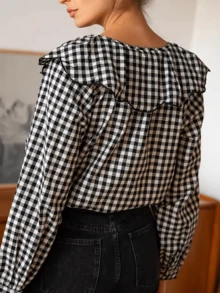 女士优雅彼得潘领长袖荷叶边彼得潘领纽扣格子衬衫 春季 - 彩色 - 查看 5
