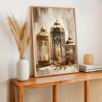 1 Piece, Gold Islamic-Style Lantern Painting, Gold Candlelight Decoration, Ramadan Theme, Opulent Vintage Middle Eastern Art, Warm Halo Aesthetic, Rustic Neutral-Toned Wall Decor, Poster, Framed Wall Art, Islamic Home Decor, Islamic Wall Art - Canvas Painting (Frame Optional)