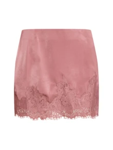 Women Y2k Lace Satin Mini Skirts Elastic Waist Lace Trim Patchwork Skirts Low Rise Silk Slip Aesthetic Lounge Bottoms A Line Half Silp Short Skirt Cute Coquette Underskirt - 中紫紅色 - 查看 6
