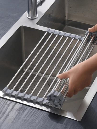Foldable Sink Dish Drying Rack, Stainless Steel Retractable Dish Drainer, Rollup Drain Mat, Portable Dish Rack, Practical Drainer For Kitchen Sink, Multifunctional Non-Slip Dish Rack For Kitchen Countertop