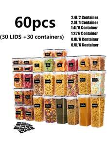 48pcs Food Jars And Jars, Airtight Food Storage Containers With LIDS, Labels And Markers,Plastic Kitchen Pantry Storage Containers For Sugar, Flour And Baking Supplies, Kitchen Supplies