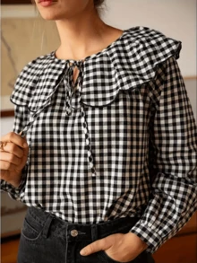女士优雅彼得潘领长袖荷叶边彼得潘领纽扣格子衬衫 春季 - 彩色 - 查看 4