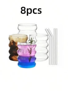 Conjunto de 9 copos de vidro canelados com canudos de vidro, copos de café gelado estéticos de grande capacidade, copos de vidro ondulados com bolhas, copos de vidro canelados, copos de cerveja, copos de refrigerante para coquetel, presente de Natal, utensílios para bebidas de cerveja, café gelado, conjunto de copos de vidro, copos com design ondulado, utensílios para bebidas modernos, textura canelada - Multicolorido - Ver 13