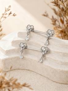 2pcs Women's Sexy Silver-Tone Cubic Zirconia Heart Wing Water Drop Barbell Earrings, Elegant Rhinestone Piercing Jewelry Suitable For Party, Outfits And Piercing Enthusiasts