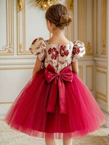 Young Girl Red Bow Puff Sleeve Embroidered Elegant Christmas Party Dress, Princess Dress Suitable For Girls Birthday Party, Ball, Wedding Flower Girl, Holiday Celebration - Red - View 2
