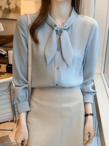 Áo sơ mi dài tay tối giản màu trơn dành cho nữ, cài cúc phía trước, thích hợp mặc công sở mùa xuân. - Màu xanh lam - Xem 5