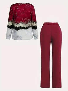 2 Pieces Set: V-Neck Long Sleeve Printed Casual T-Shirt + Pants Spring Elegant - Burgundy - View 2