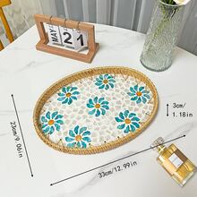 1件/3件椭圆形藤制贝壳托盘套装，清新兰花花卉图案，适合客厅、餐厅、早餐、下午茶、派对装饰托盘，也适合桌面首饰、香水、花瓶装饰 - 藍色 - 查看 9