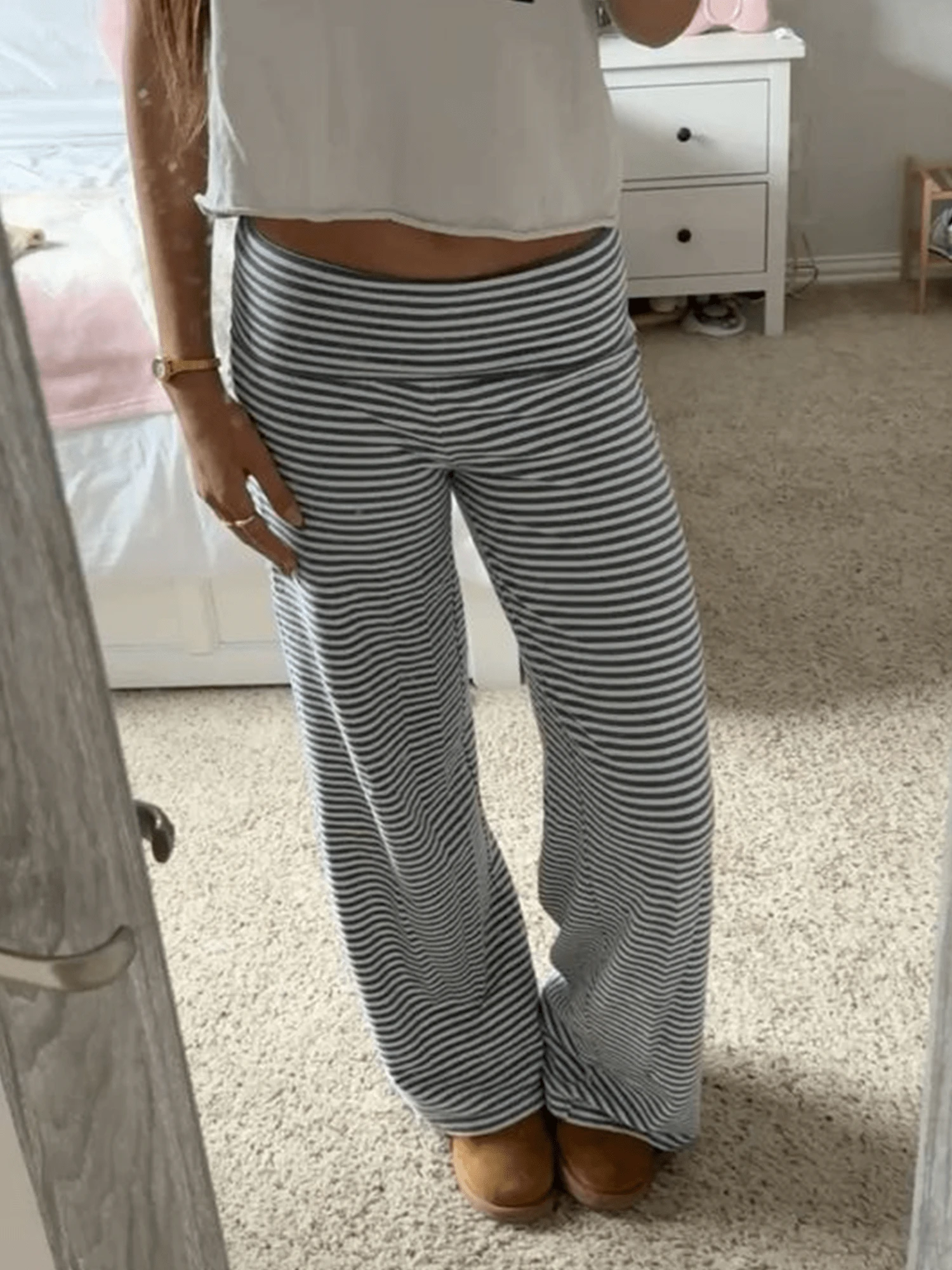 Fold Over Yoga Pants For Women Low Rise Causal Bell Y2k Solid Color Stretchy Loose Gym Lounge Leggings - 白色 - 查看 1