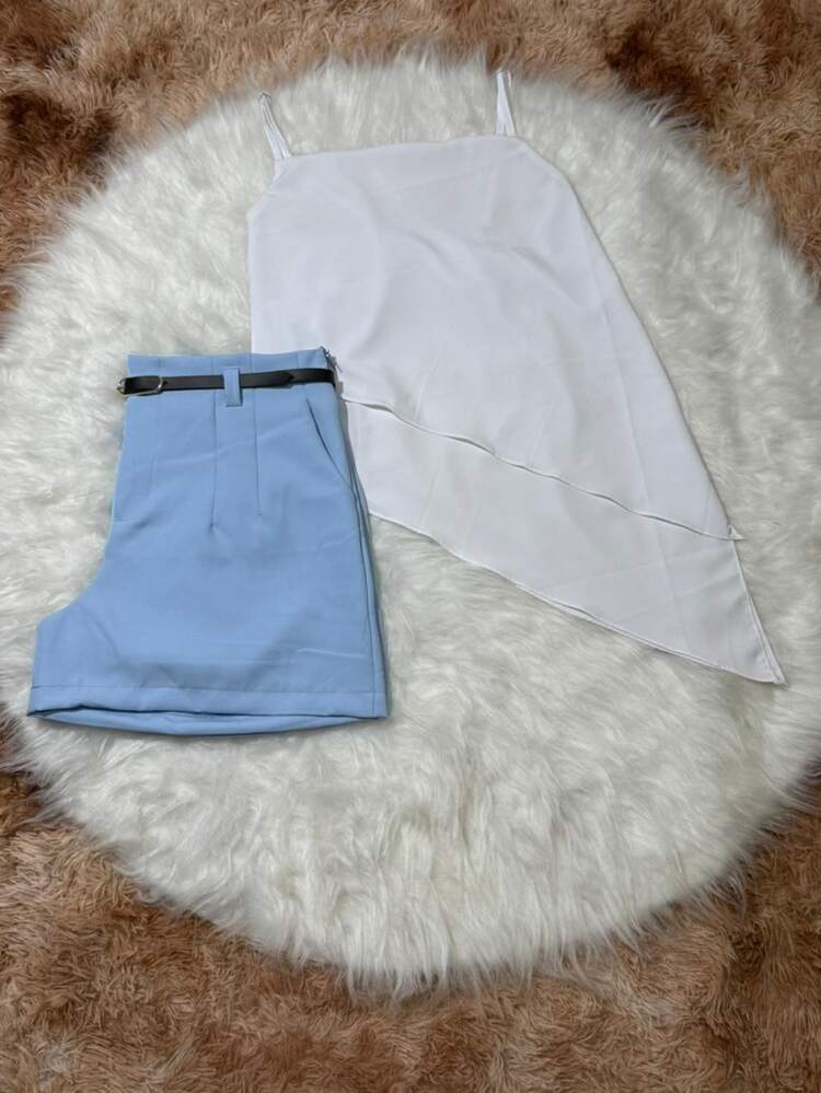 Elegant Plus Size Set Of Tailored Shorts With Pocket And Free Belt Plus Asymmetrical Blouse - White and Blue - View 4