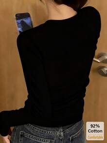 女式棉质长袖T恤，黑色，百搭修身，秋冬内衣 - 黑色 - 查看 2