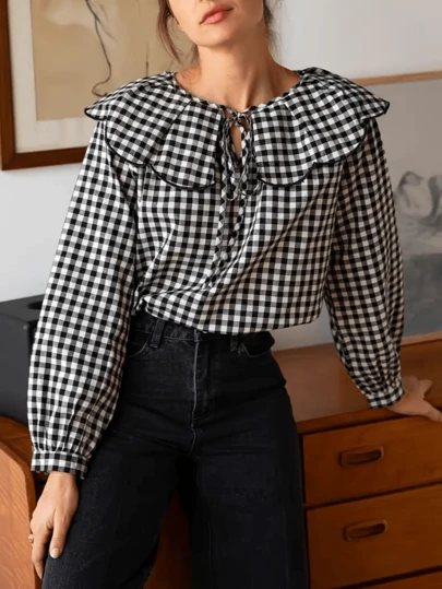 Camisa a cuadros con cuello Peter Pan, manga larga y volantes elegante para mujer