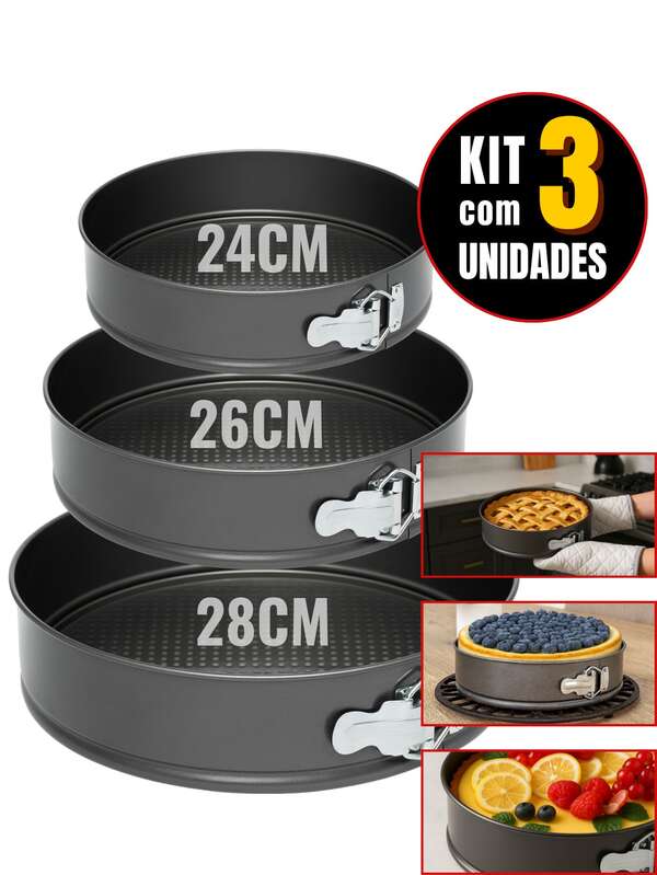 Kit 3 Formas com Fundo Removível Antiaderente para Torta Bolo Doces Salgados Reforçado