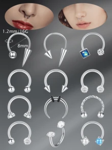 CIZME 1/16PCS Septum Rings 16G Hypoallergenic Surgical Steel Hinged Clicker Nose Rings Hoops For Women Men Cute CZ Horseshoe Lip Helix Tragus Daith Cartilage Piercing Jewelry 8MM - Silver - View 5