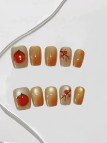 10 pezzi di unghie finte realizzate a mano, con fiori dipinti a mano, cristalli color naturale, occhi di gatto, trasparenti come ghiaccio e bianchi, adatti per uso quotidiano, feste e cene, accessori per unghie - Multicolore - Visualizzare 4