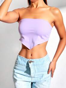 Top corto de fiesta sin tirantes para mujer con dobladillo asimétrico y diseño de nudo en la espalda - Púrpura malva - Ver 2