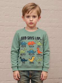 Sudadera de otoño para niño pequeño con estampado de dinosaurio y letras, manga larga, cuello redondo, blusa holgada - Verde - Ver 5