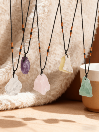 20-30mm Natural Gemstone Crystal Pendant Necklace, Enhances Wisdom And Courage, Amethyst/Tiger Eye/Rose Quartz With Handmade Black Cord Healing Stone Necklace, Suitable For Teens Boho Jewelry Natural Stone Necklace