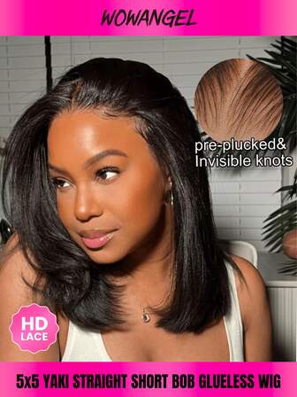 WOWANGEL Bob-peruk Äkta hår Limfria peruker Äkta hår Förplockat Förskuret Yaki-rakt Äkta hår 200 % densitet 5x5 HD Lace Front/Close Peruker För Kvinnor 10-14 tum