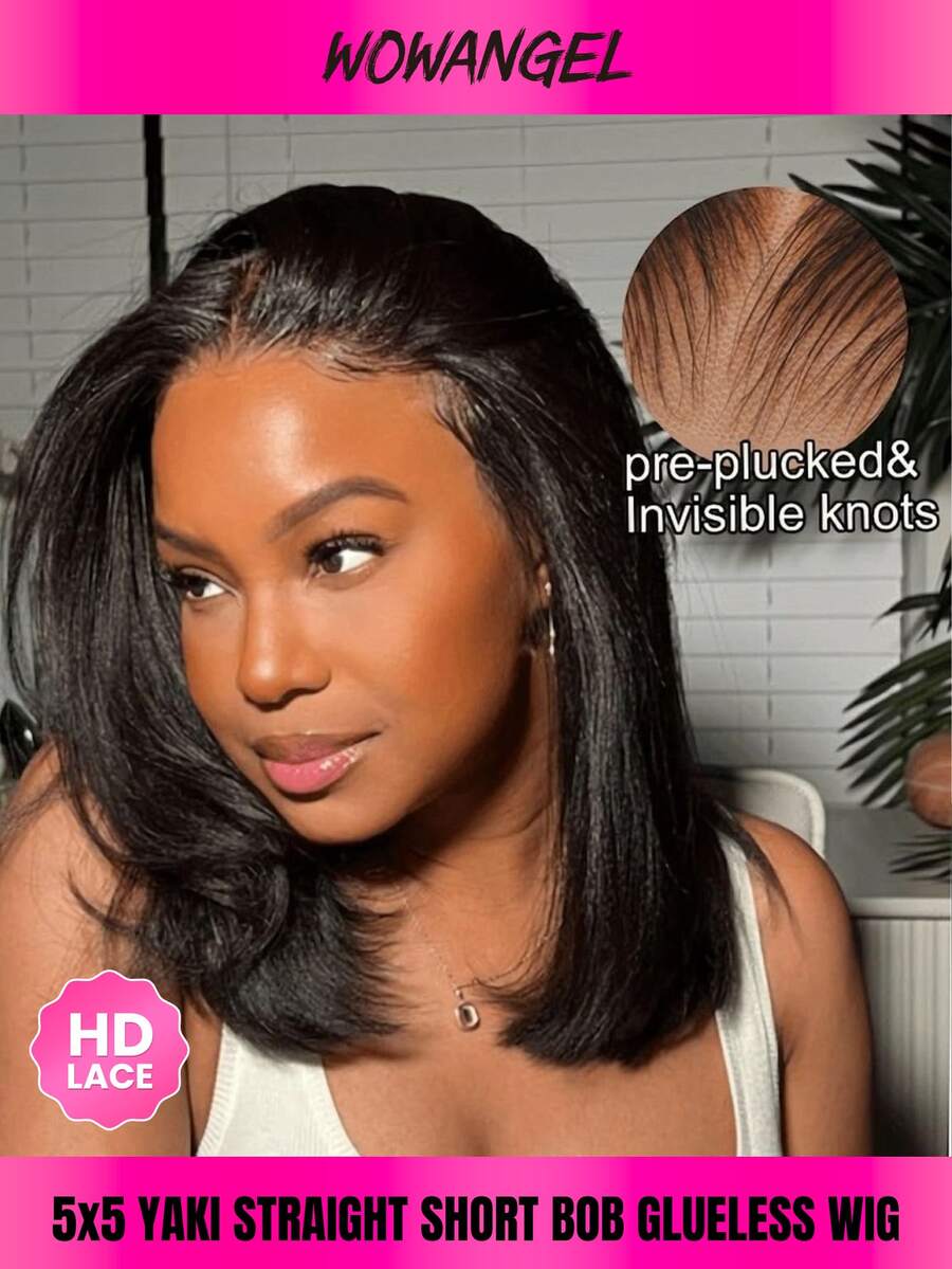 WOWANGEL Bob Wig Human Hair Glueless Wigs Human Hair Pre Plucked Pre Cut Yaki Straight Human Hair Wig 200% Density 5x5 HD Lace Front/Closure Wigs For Women 10-14 Inch - SNatural - View 1