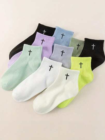 55/10 pares de calcetines cortos para mujer, diseño de patrón cruzado, calcetines casuales cómodos y transpirables, calcetines lindos, casuales, simples y versátiles de estilo universitario