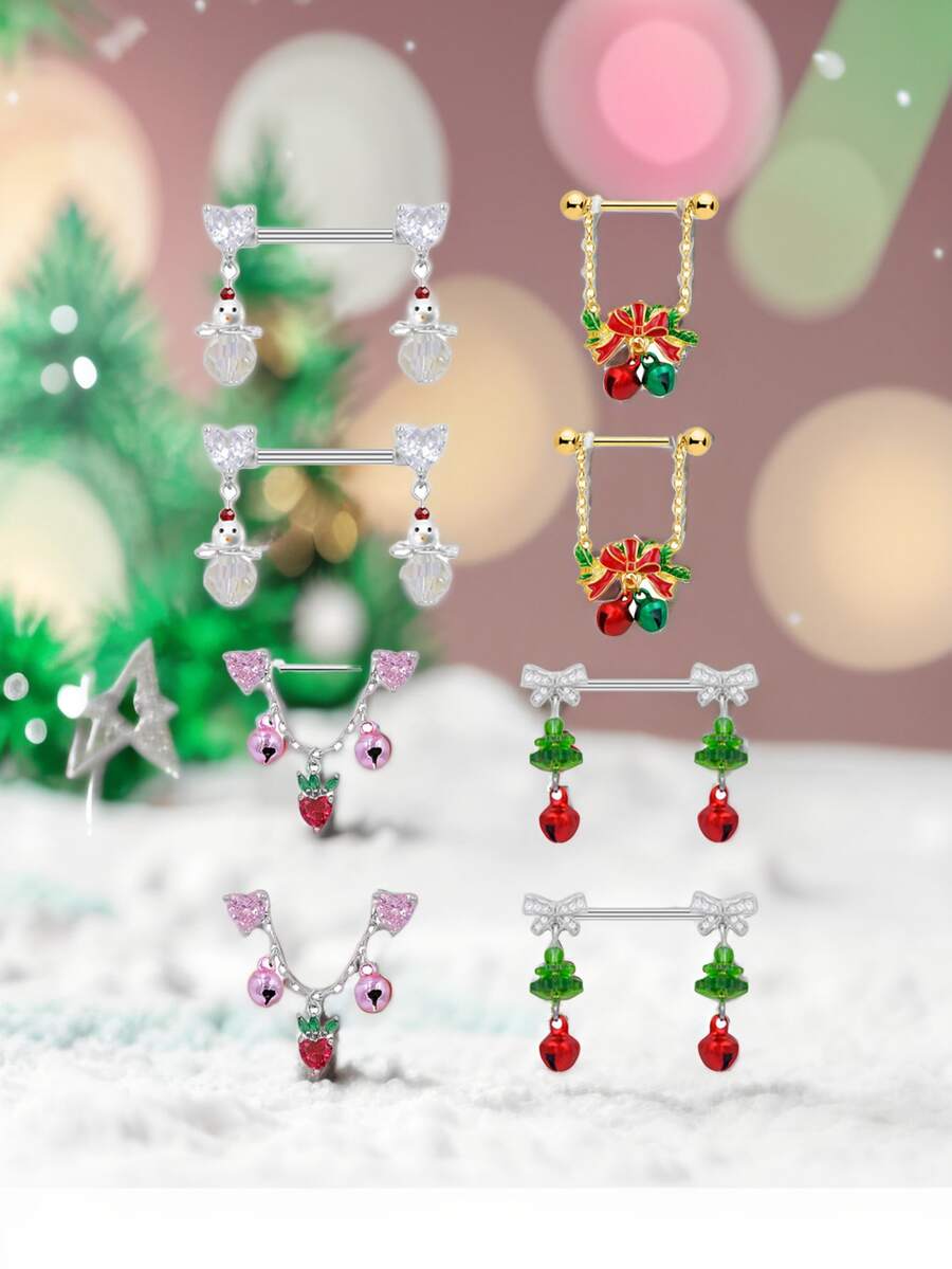 AVYRING 2pcs Christmas Nipple Rings Jingle Bell Dangle Nipple Rings Stainless Steel Nipple Tongue Ring Barbell Piercing Green Ball Bead Christmas Nipple Piercing Jewelry For Women