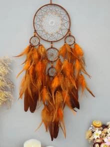 1pc 5-Ring Glow-In-The-Dark Stone Boho Style Handmade Feather Wind Chime Dream Catcher, Fashionable Home Decor Wind Chime Dream Catcher, For Home, Wedding, Room Decoration (Feathers Are Artificial) - Five-ring Luminous Color - View 15