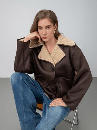 HZXVIC Chaqueta de mujer de estilo vintage con cuello de piel sintética, bolsillos laterales, corte holgado, versátil, para invierno