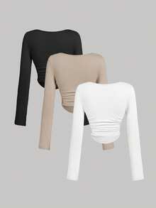 3 件套女式黑色、米色、白色褶皱休闲圆领长袖 T 恤，保暖服装，秋季女士服装，外套，节日服装，新年 - 彩色 - 查看 2