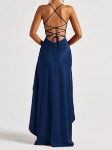 Summer Blue Backless Ruffle Square Neck Party Dress, Elegant Dress Suitable For Dating, Vacation, Beach - Navy Blue - View 5