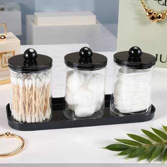 3 Packs Qtip Holder For Bathroom, Round Holder With Tray, Apothecary Jars Bathroom Organizers And Storage Box, Bathroom Jars For Floss Picks, Cleaning Swabs, Balls, Pads