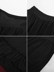 Women's Fashion Solid Color Ruffle Hem Patchwork Skirt, Casual Elegant Flared Asymmetric Hem Skirt With Waist Drawstring And Ruffle Details Black - 黑色 - 查看 3