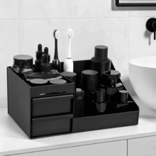 1pc Black Makeup Storage Box With Drawers, Plastic Organizer Rack For Dorm, Skincare & Cosmetics Storage, Vanity Dresser - Black - View 8