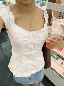 Women Fairy Grunge Y2k Shirt Vintage Short Sleeve 2000s Fairycore Aesthetic Crop Top E-Girl Streetwear - Hồng - Xem 4