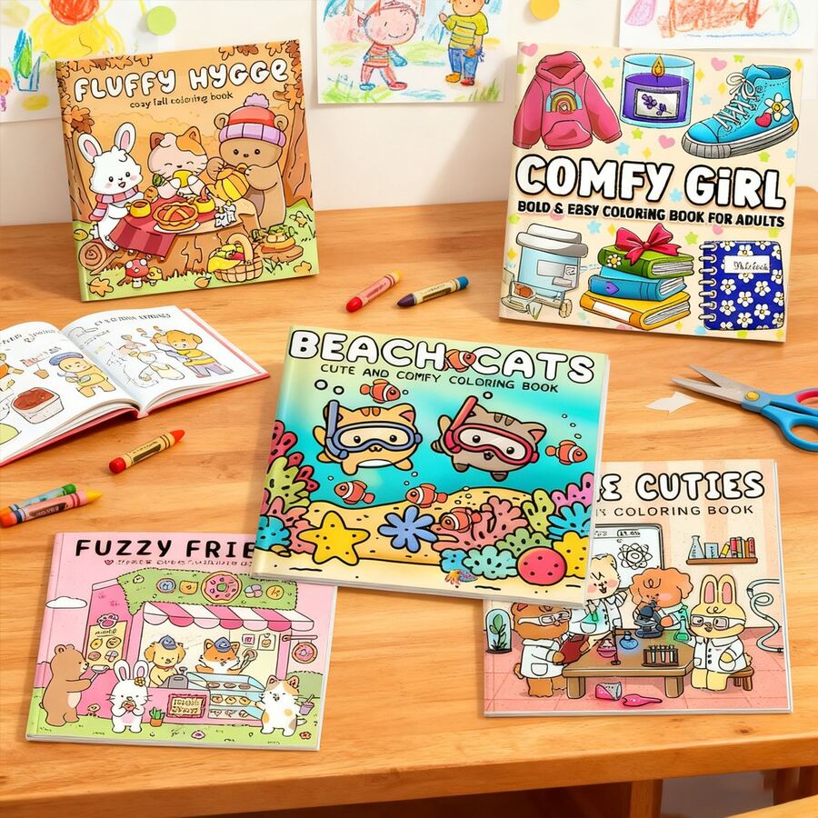 1 Stück (21cm*21cm) Malbuch für Erwachsene, dickes Papier, deckend, klare Linien, leicht zum Ausmalen, geeignet für Freundinnen-Treffen, eine Reihe von niedlichen Themen von gemütlichen Herbstpartys bis hin zu Strandabenteuern, Wohlfühl-Stil, Flauschige Freunde Shop und wissenschaftlich thematisiertes Malbuch zum Entwickeln der Denkfähigkeit, Herbst. Schreibwaren, Schulmaterial, Mal- und Zeichenbedarf, Weihnachten