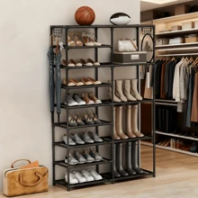 9-Tier Tall Shoe Rack, Garage Shoe Rack Large Capacity, Shoe Rack Organizer, Vertical Free Standing Shoe Rack, Heavy Duty Boot Rack, Two Rows Of Multifunctional Hooks, Large Shoe Rack Organizer Storage Shoe Rack Black 24-35 Pairs - Negro - Ver 2