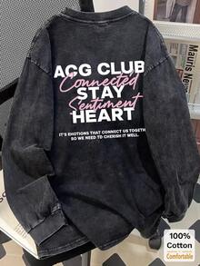 Oversized Vintage Black Washed Cotton Long Sleeve T-Shirt, Loose And Flattering Design - Black - View 1