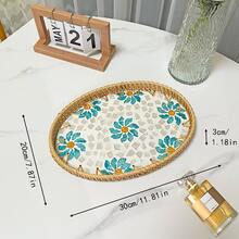 1件/3件椭圆形藤制贝壳托盘套装，清新兰花花卉图案，适合客厅、餐厅、早餐、下午茶、派对装饰托盘，也适合桌面首饰、香水、花瓶装饰 - 藍色 - 查看 6