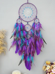 1pc 5-Ring Glow-In-The-Dark Stone Boho Style Handmade Feather Wind Chime Dream Catcher, Fashionable Home Decor Wind Chime Dream Catcher, For Home, Wedding, Room Decoration (Feathers Are Artificial) - Five-ring Luminous Color - View 8