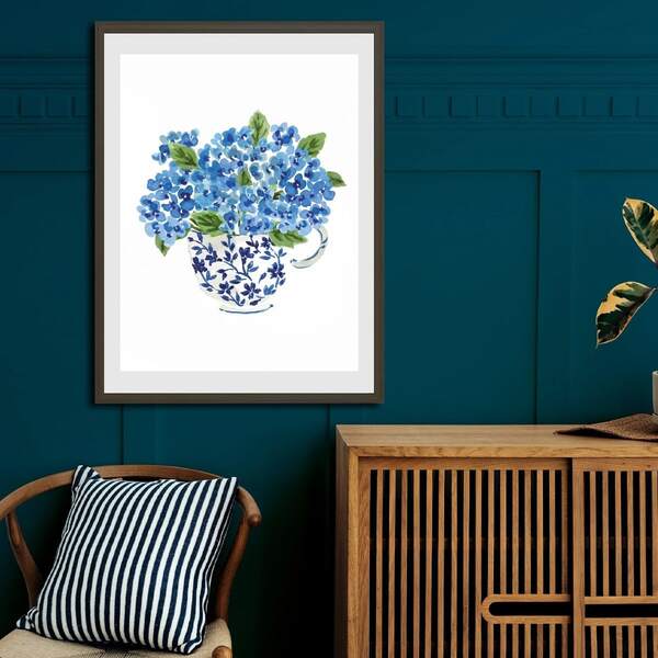 1pc Frameless Thick Wall Arts Set Waterproof And Light Resistant, Blue Hydrangea Watercolor Posters In Chinese Delft Blue Teacup