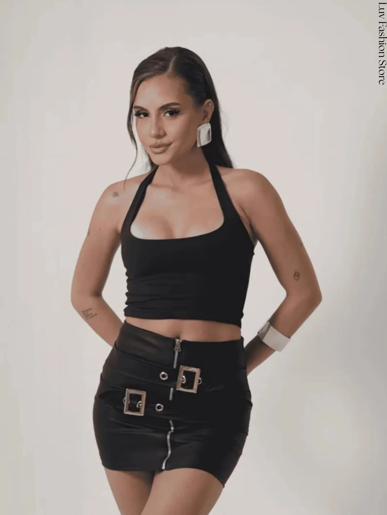 Cropped Frente Única Poliamida Moda Gringa - Preto - Visão 1