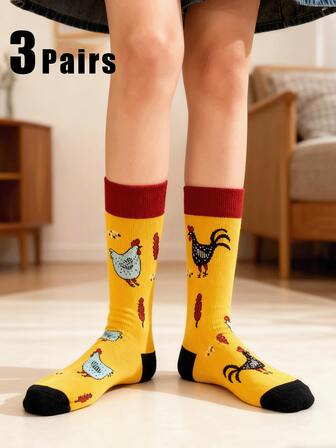 1/3 Pairs Men's Mid-Calf Socks With Chicken Pattern, Fashionable, Breathable, Comfortabendy Fit For All Seasons, Autumn/Winter