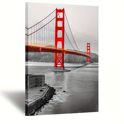 1pc Frameless Canvas Prints Wall Arts Black And White Red Golden Gate Bridge Vertical California Travel Modern City Posters For Living Room Home Office
