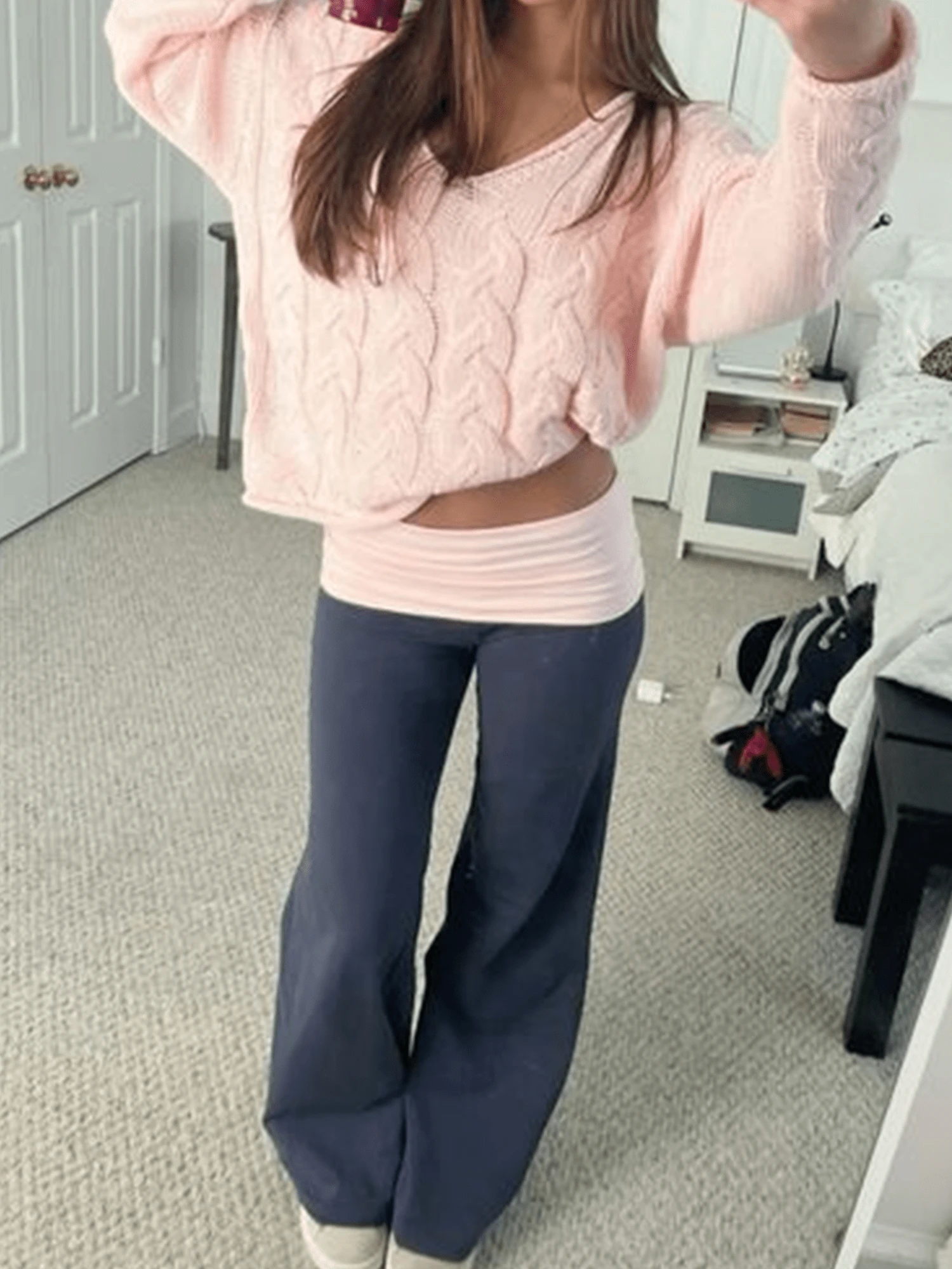 Women's Fold Over Yoga Pants Low Rise Straight Leg Sweatpants Y2k Solid Color Stretchy Loose Gym Lounge Leggings - Blue - View 1